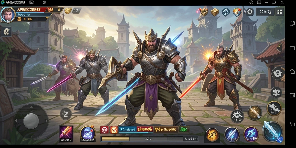Screenshot gameplay APIGACOR88 menampilkan pertempuran seru dengan strategis di latar belakang.