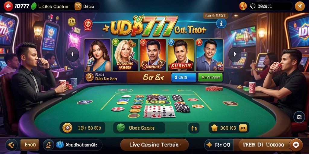 Screenshot gameplay ID777 yang menunjukkan dealer kasino langsung dan suasana permainan yang intens.