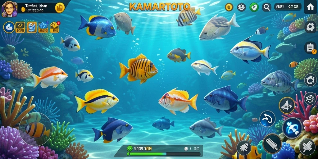 Tampilan gameplay KAMARTOTO dengan aksi menembak ikan yang seru.