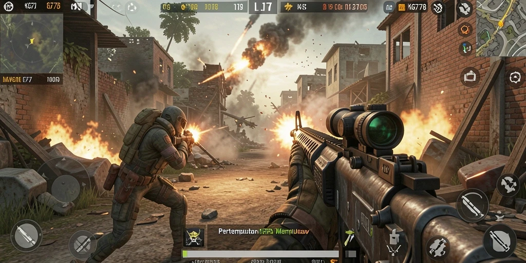 Screenshot KG778 menampilkan aksi pertempuran intens di medan tempur FPS.