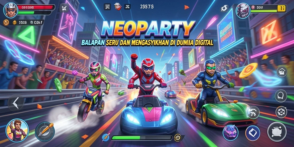 Screenshot utama NEOPARTY menampilkan aksi balapan yang mendebarkan.