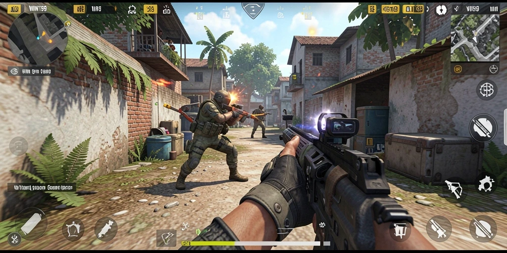 Gameplay seru dalam WIN199, dengan pertarungan FPS yang mendebarkan.